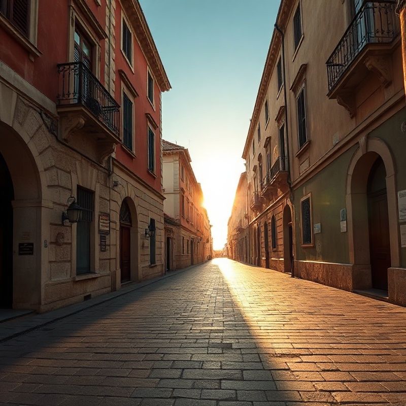 Prazna ulica Stradun u Dubrovniku u tihom studenom jutru, meko ambar-zlatno svjetlo